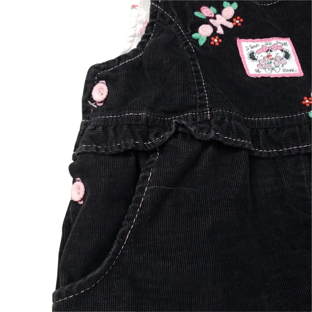 Vintage Healthtex Gray Corduroy Overalls Pink Floral Roses Patch Embroidery Sz 4
